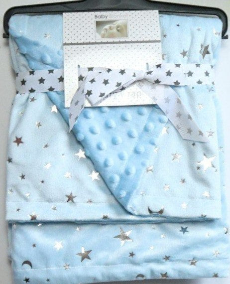 Blue with Silver Stars and Moons Minky Blanket