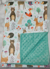 Load image into Gallery viewer, Forest Animals Minky Blanket - Mint Minky Back